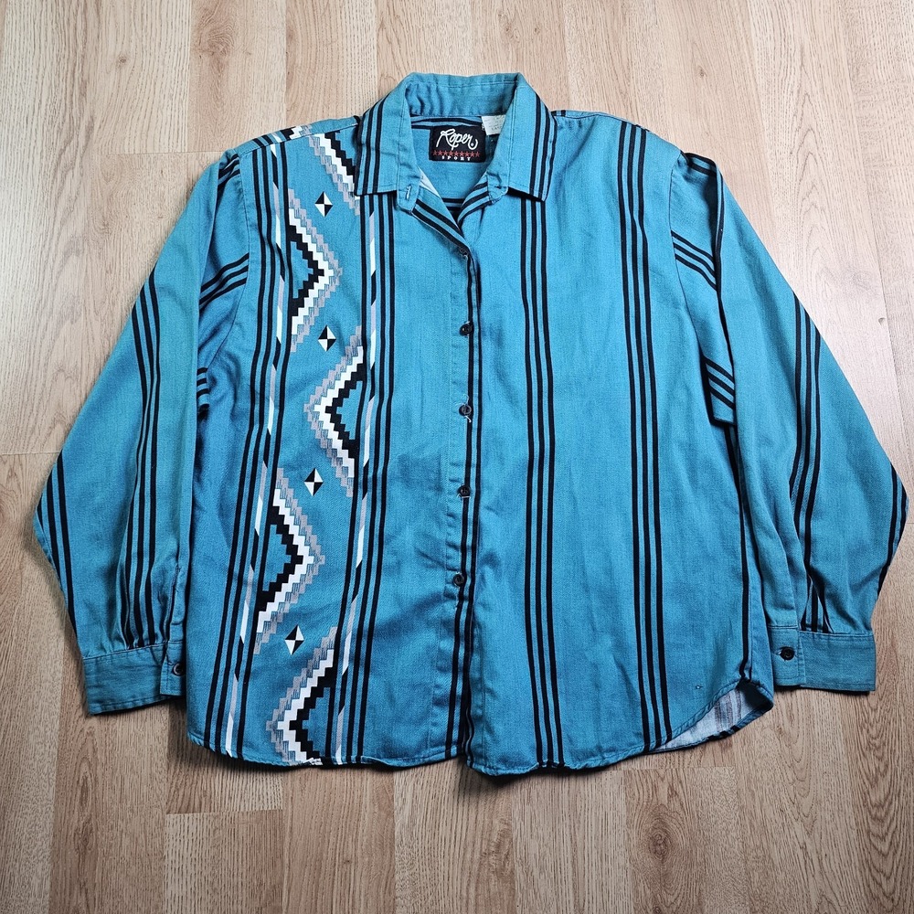 Vtg Roper Button Down‎ Shirt Women Large Blue Southwestern Aztec Stripe Shoulder